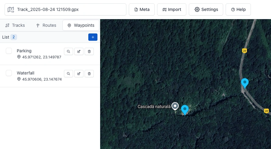 Waypoint list in sidebar showing waypoints with center, edit, and delete actions