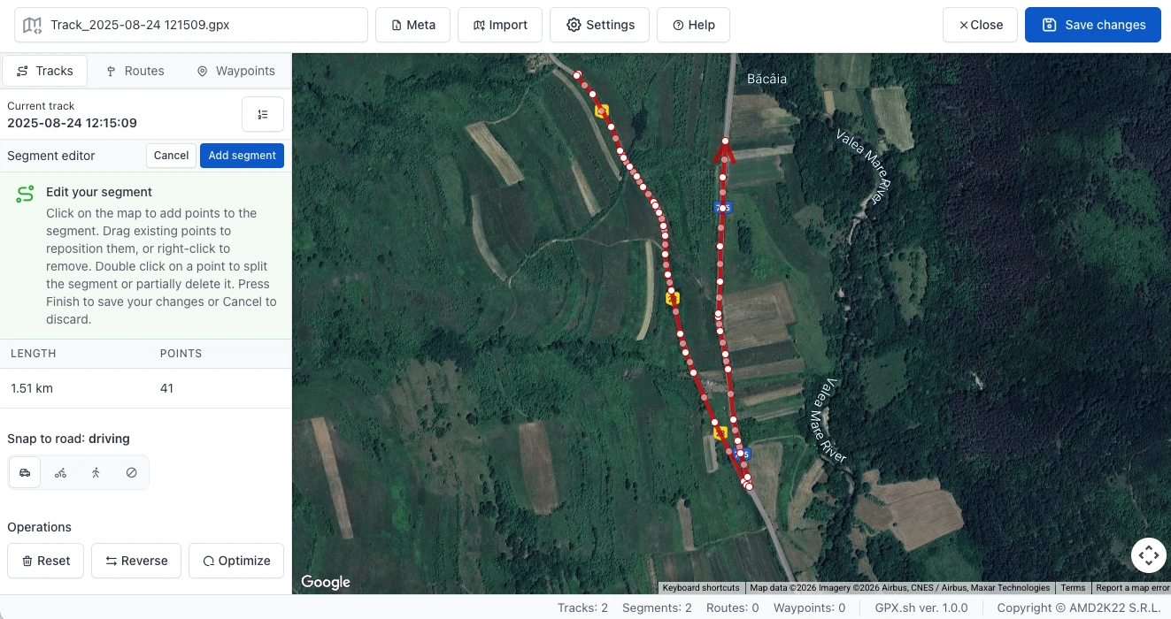 Segment editing mode showing an editable path with draggable points on the map