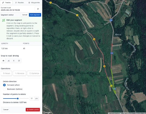 Partial delete panel showing direction selection, point count slider, and green preview line