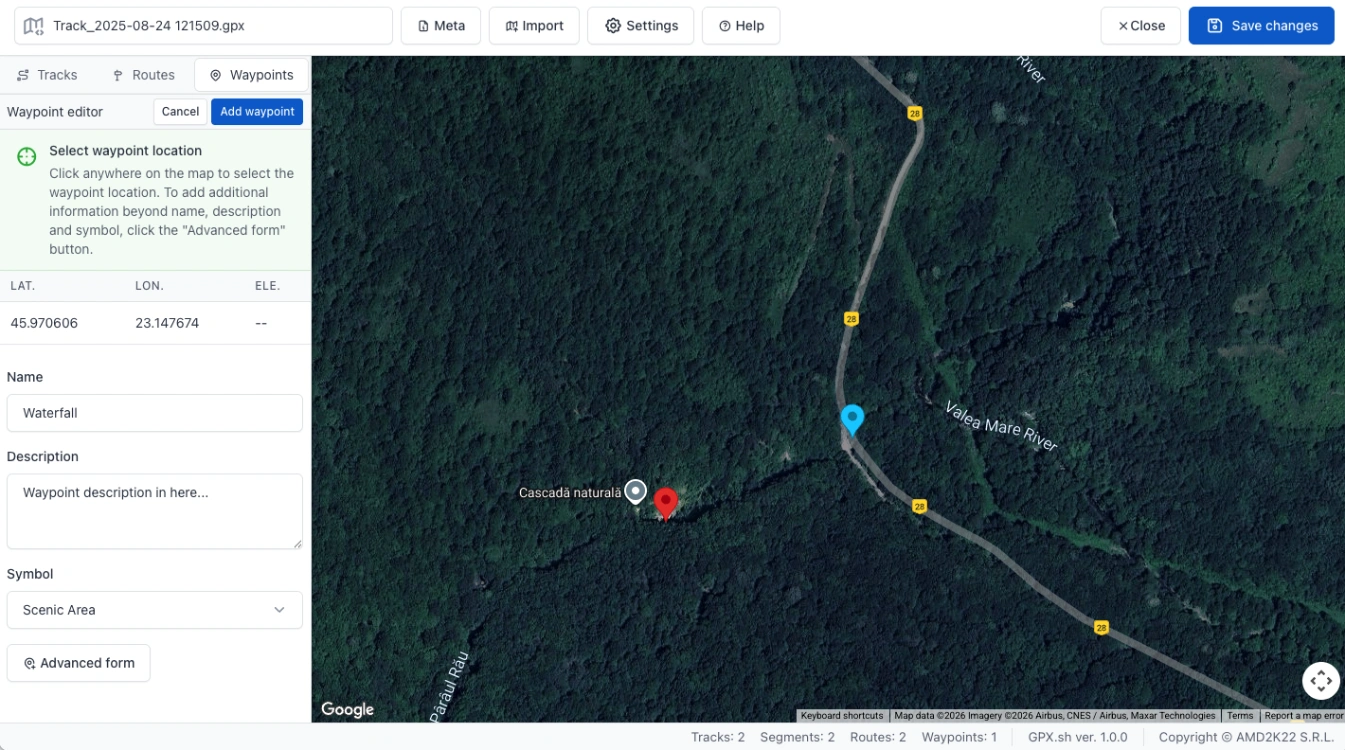 Waypoint editing form with name, description, symbol selection, and red marker on map