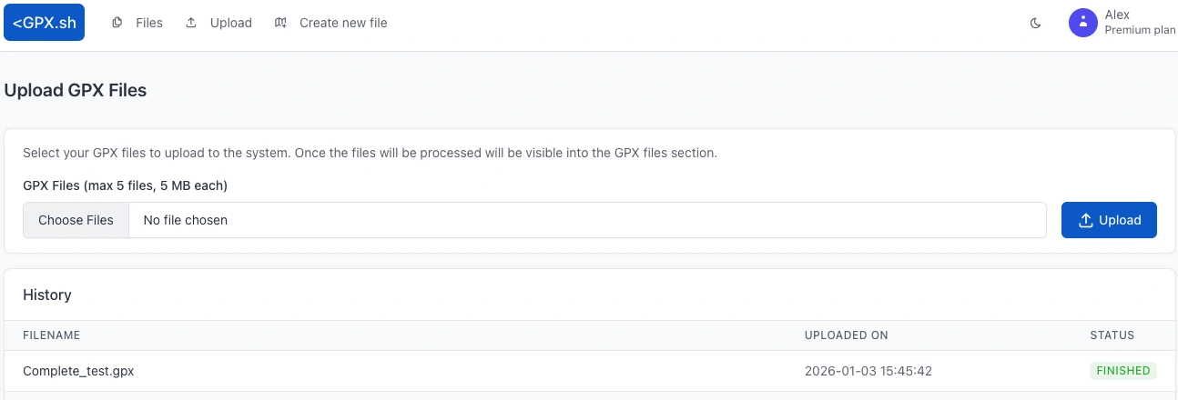 Upload page showing GPX file selection and upload status